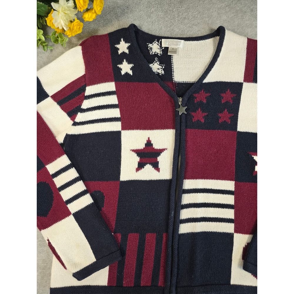 Y2K Christopher & Banks Zip Knit Cardigan Womens M USA Americana Patchwork Star - Picture 2 of 14